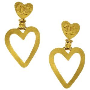 Chanel Heart Dangle Hoop Gold Clip-On Earrings 95P 117149